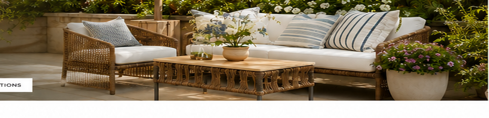 Styled outdoor lounge with woven seating, pillows, and greenery